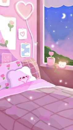 a bedroom scene with focus on the bed and pink wallpaper, which is decorated in pastel colors