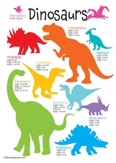 dinosaurs with their names in different colors on a white background and wooden planks