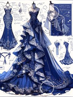 a blue dress with white lace on the bottom, and an elaborately designed skirt