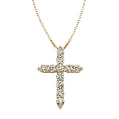 Let your faith shine when you wear this stunning diamond cross pendant. Created in warm 14K gold, this traditional cross is completely outlined with shimmering certified diamonds, each boasting a color rank of I and clarity of I2. A breathtaking design she's certain to adore, this cross captivates with 1/2 ct. t.w. of diamonds and a brilliant buffed luster. The cross suspends along a cable chain that adjusts from 16.0 to 18.0 inches in length and secures with a lobster claw clasp. This style arr Diamond Cross Necklace, Diamond Cross Pendant, Diamond Cross Necklaces, Gold Cross Necklace, Gold Cross Pendant, Diamond Cross Pendants, Diamond Cross, Gold Cross, Cross Pendant Necklace