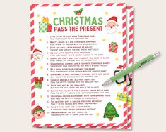 a christmas pass the present game with santa's hat and presents on it, next to a green pen