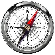 a silver and red compass on a white background