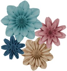 three different colored paper flowers are shown in this image, one is pink, the other is blue