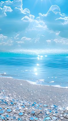 the sun shines brightly in the sky over the ocean and beach with blue glass bottle caps