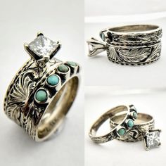 Western Wedding Rings Sets, Western Engagement Rings, Western Wedding Rings, White Gold Wedding Set, Turquoise Wedding Rings, Wedding Goodies, Hand Carved Ring, Western Rings, Engagement Bride