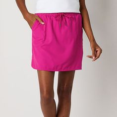 The St. John�s Bay mid-rise skort is the perfect blend of style, trend, and most importantly, comfort! Made from 100% woven-polyester, this skort has a drawstring waistband and slip pockets on both sides so you easily carry your phone and keys. Choose from solid and printed women�s skorts and pair them with complementing T-shirts and blouses. Don�t forget your sneakers!Front Style: Flat FrontClosure Type: Drawstring, Full ElasticFit: Regular FitPockets: 2 Side Slip PocketsRise: Mid RiseShort Len Small Shorts, Skorts, Clothing Ideas, Drawstring Waistband, St John, Mid Rise, Blouses, Wardrobe, My Style