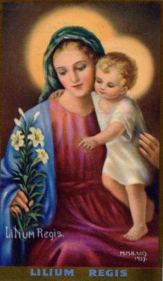 an image of the virgin mary holding a baby in her arms with flowers on it