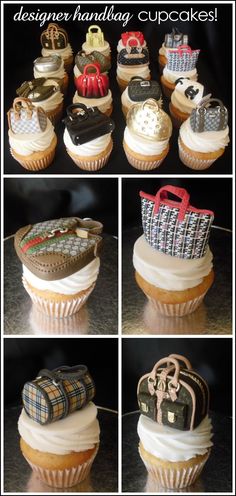 there are many different cupcakes that have designs on them, including purses