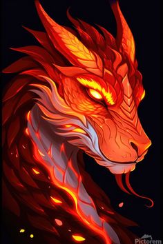 a red dragon with yellow eyes and orange flames on it's head, against a black background