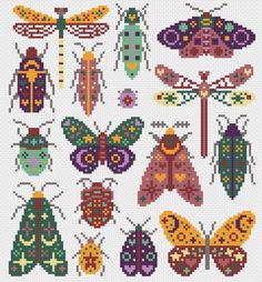 cross stitch pattern with different types of insects