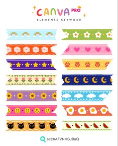 a set of colorful ribbons with cats and flowers on them, all in different colors