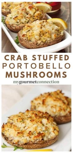 crab stuffed mushroom mushrooms on a plate with lemon wedges