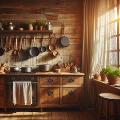 an old fashioned kitchen with pots and pans hanging on the wooden wall above the stove