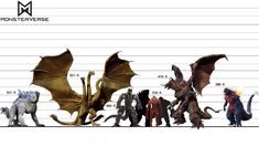 a line up of different types of godzillas on a white background with lines in the middle