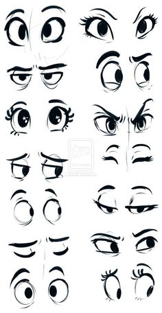 the various eyes and eyebrows of an anime character, drawn in black ink on white paper