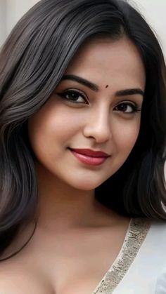 an image of a woman with long hair smiling at the camera and wearing a white top