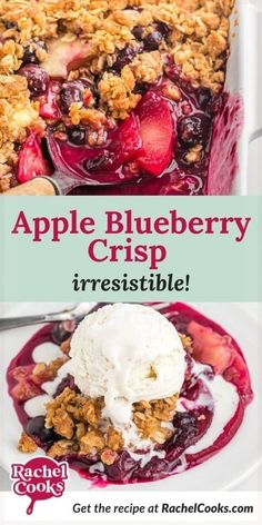 an apple blueberry crisp with ice cream on top