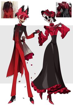 an image of two women dressed in red and black