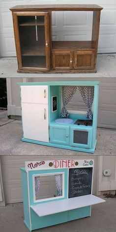 an old cabinet turned into a play kitchen