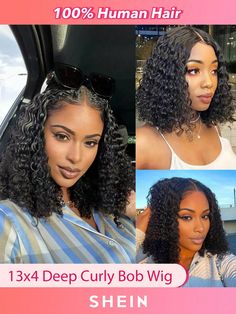 SNatural  Collar  Human Hair  Bob Lace Wigs Embellished   Wigs & Accs Curly Bob Wigs For Black Women, Black Color Hair, Bob Lazar, Human Lace Wigs, Curly Bob Wigs, Hair Bob, Hair Replacement, Wigs For Women, Deep Wave
