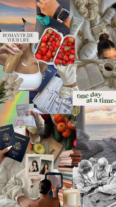 a collage of photos with books, fruit and other things on it that include the words one day at a time