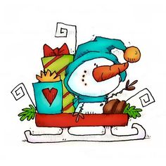 a snowman with presents on his sleigh is shown in this handmade rubber stamp