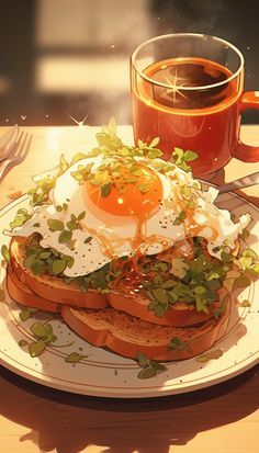 an egg sandwich on toast with lettuce and tomato sauce next to a cup of coffee