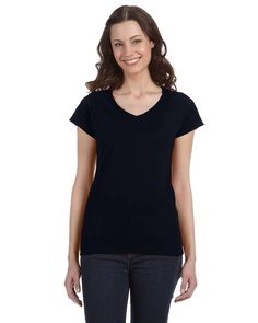 Ladies' SoftStyle® 4.5 oz. Fitted V-Neck T-Shirt - BLACK - 3XL | Gildan Softstyle Women's Fit V-Neck T-Shirt in Black Size 3XL | Cotton Couture, Wholesale T Shirts, Blank T Shirts, Sweatshirt Fabric, Raglan Shirts, Fabric Tape, Women Wholesale, Lady V, Green Purple