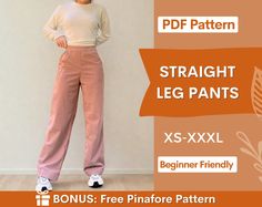 Straight Leg Pants Sewing Pattern Special Offer: ♥ Free Sewing Planner with every order placed today ♥ 💥Get +300 patterns and all new releases with our Whole Shop Bundle at the best price! 👉www.etsy.com/listing/1315834001 This pattern comes with an illustrated sewing guide with step by step instructions, making it super easy to make your own garment.  If you're looking for a beginner friendly project that will take 2 hours to make then this is perfect for you!  Pattern Includes: ✔️ Sizes: XS-X Mid Rise Pants Sewing Pattern, Trouser Patterns For Women, Baggy Pants Pattern, Sewing Pattern Trousers, Free Pinafore Pattern, High Waisted Straight Leg Pants, Sewing Planner, Sewing Pattern Women, Pattern Trousers