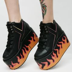 Y.R.U. Bringing The Heat Platform Sneakers Cuz You're On Fire! Let It Burn With These Vegan Leather Platform Sneakers That Have A Sick Flame Details, Iridescent Trim All Over, And Lace-Up Closures. Details: Black Man Made Materials 4" Heel 3" Platform Black Outfit Grunge, Heath Burns, Spider Oc, Fire Costume, Drawing Outfits, Fire Outfits, Red And Black Shoes, Fire Shoes, Yru Shoes