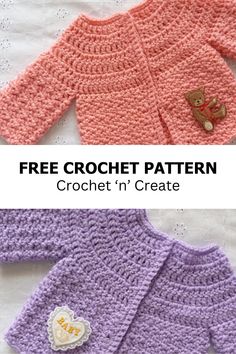 two crocheted sweaters with buttons on them and the text free crochet pattern