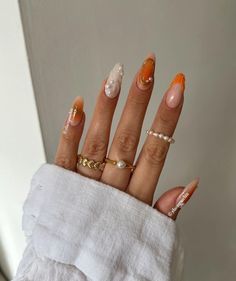 #nailsbyireegirl #begginernailtech #nails #nailsonfleek #topqualityproduct #nailsoftheday #nailart #naildesigns #nailartist #nails2inspire #nailenhancement White Nails With Pearls, Orange White Nails, Summer Orange Nails, Orange Summer Nails, Nails With Pearls, Summer Sets, Summer Orange, Pearl Nails