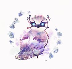 an owl with glowing eyes sitting on top of a branch in front of blue flowers