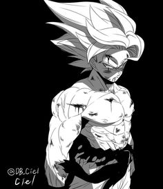 a black and white drawing of gohan with his arms crossed, looking like he is holding