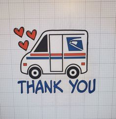 a thank you card with an image of a mail truck and hearts on the back