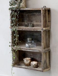 an old wooden shelf with some plants on top and other items in the bottom shelves