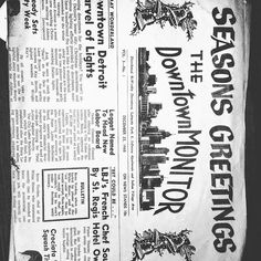 an old newspaper with black and white images on the front page, including words that spell out season's greetings