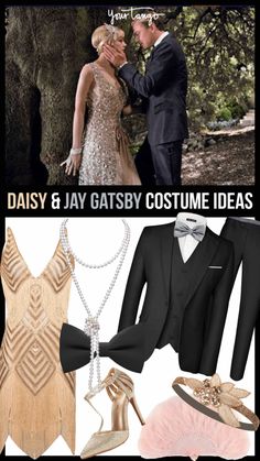 a couple dressed up in costumes for proms and wedding day, with the caption'daisy & jayy gatsby costume ideas '