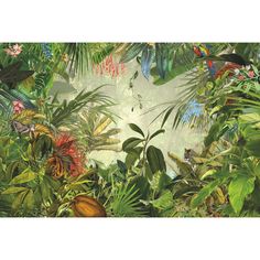 an image of a jungle scene with lots of plants and birds in the sky above