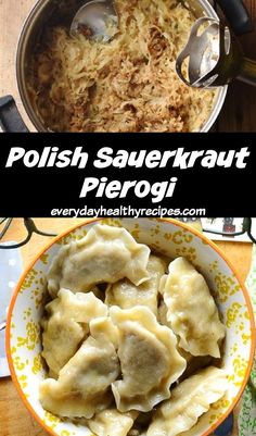 Sauerkraut mixture in pot and pierogi in yellow bowl. Kapusta Recipe Polish, Sauerkraut Pierogi Recipe, Easy Polish Recipes, Polish Food Traditional, Kapusta Recipe, Polish Sauerkraut, Pierogies Homemade, Pierogi Filling, Polish Dumplings