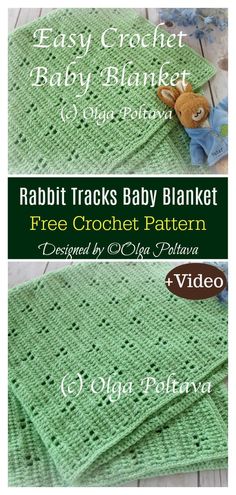 the baby blanket is knitted in green yarn and has a teddy bear on it