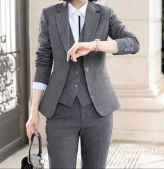 Gray Suit For Women, Womens 3 Piece Suit, Grey 3 Piece Suit, Formal Suits For Women, Women's Office, Dark Blue Suit, Women Suits Wedding, Womens Office, Office Suit