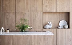 a kitchen with wooden cabinets and white counter tops