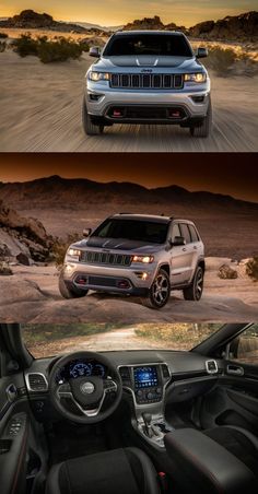 the interior and dashboard of a jeep in two different pictures, one is grey with black trim