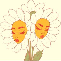 two faces with closed eyes are surrounded by daisies