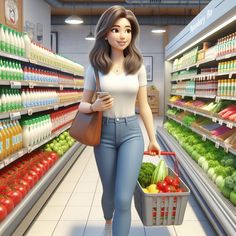 a woman walking through a grocery store holding a shopping basket