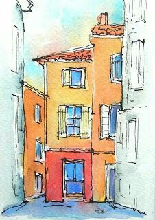 watercolor and ink drawing of an orange building