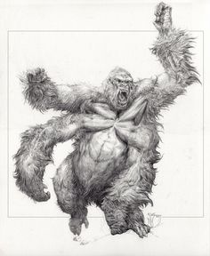 a black and white drawing of a bigfoot with his hands in the air,