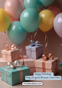 balloons and presents are sitting on the table