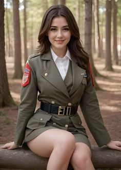 a woman in uniform is sitting on a bench